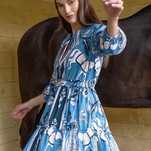 Ronner Design Blue Floral Mini Dress with Tiered Skirt size small